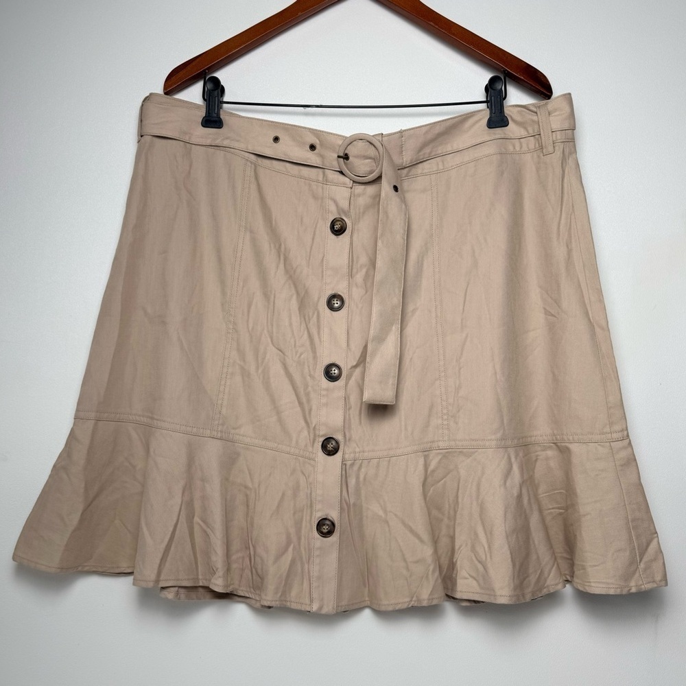 Nine West Tan Button Front Belted Flare Skirt Women size XXL Cotton Rayon comfy